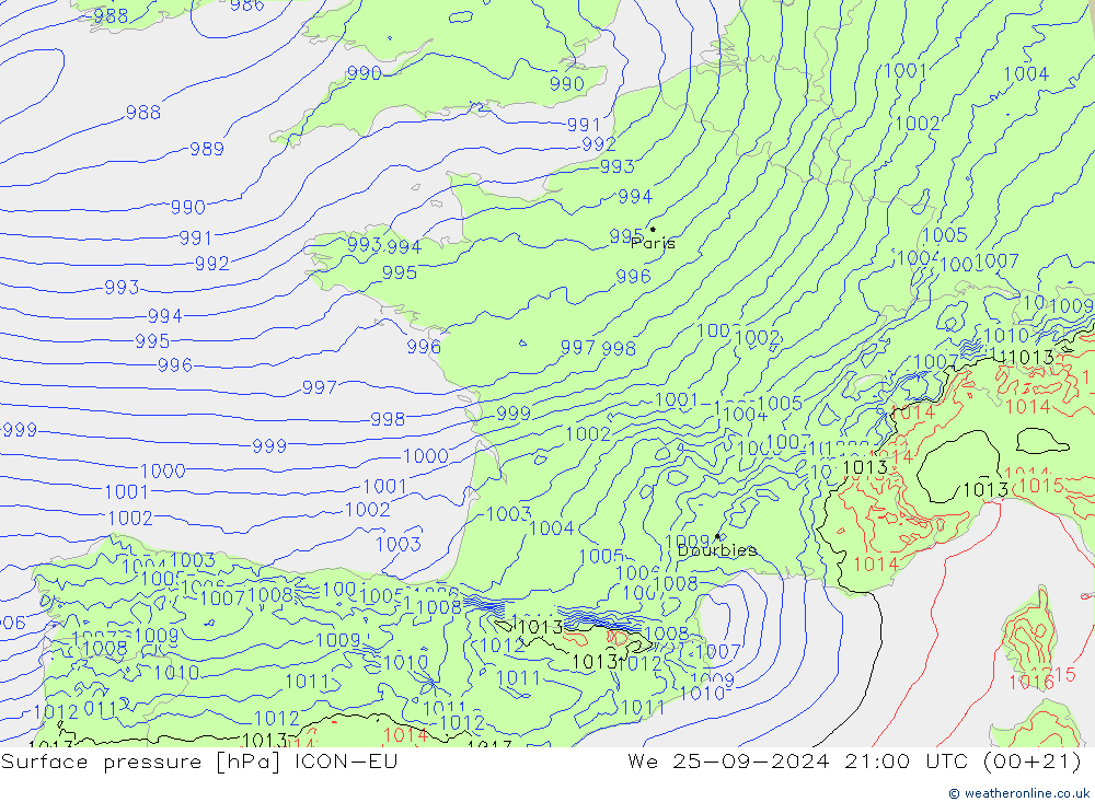 Presión superficial ICON-EU mié 25.09.2024 21 UTC