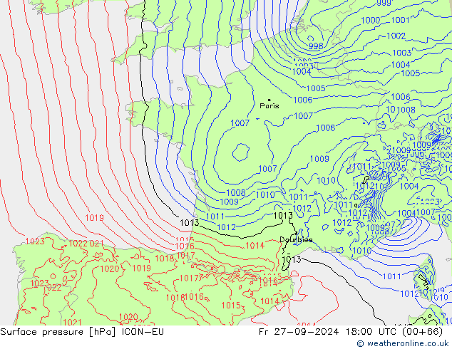 приземное давление ICON-EU пт 27.09.2024 18 UTC