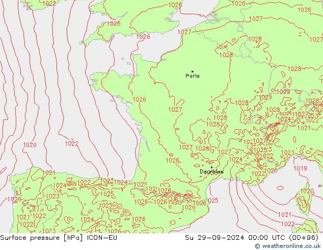 Surface pressure ICON-EU Su 29.09.2024 00 UTC