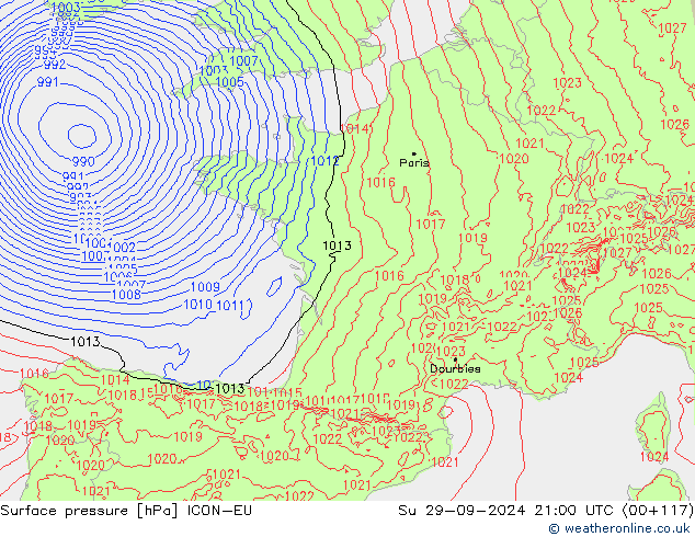 Surface pressure ICON-EU Su 29.09.2024 21 UTC