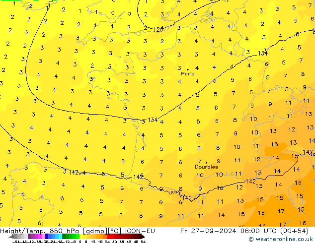 Height/Temp. 850 hPa ICON-EU Pá 27.09.2024 06 UTC