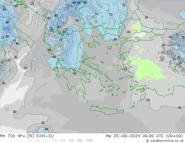 Humidité rel. 700 hPa ICON-EU mer 25.09.2024 09 UTC