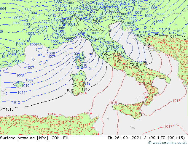 Surface pressure ICON-EU Th 26.09.2024 21 UTC