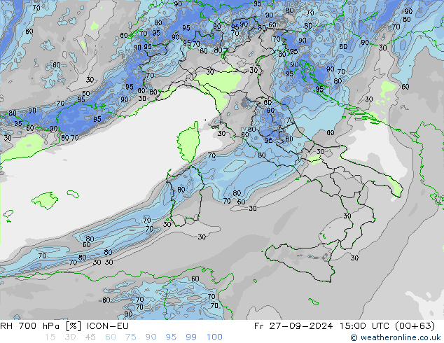 RH 700 hPa ICON-EU Fr 27.09.2024 15 UTC