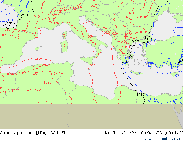 Surface pressure ICON-EU Mo 30.09.2024 00 UTC