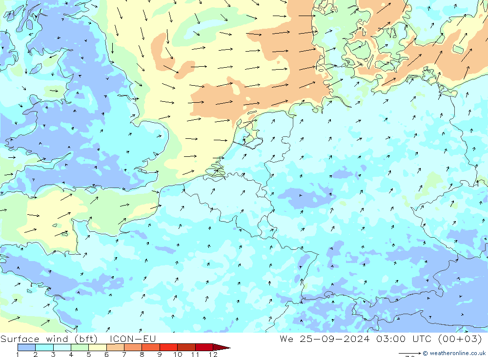 Surface wind (bft) ICON-EU We 25.09.2024 03 UTC