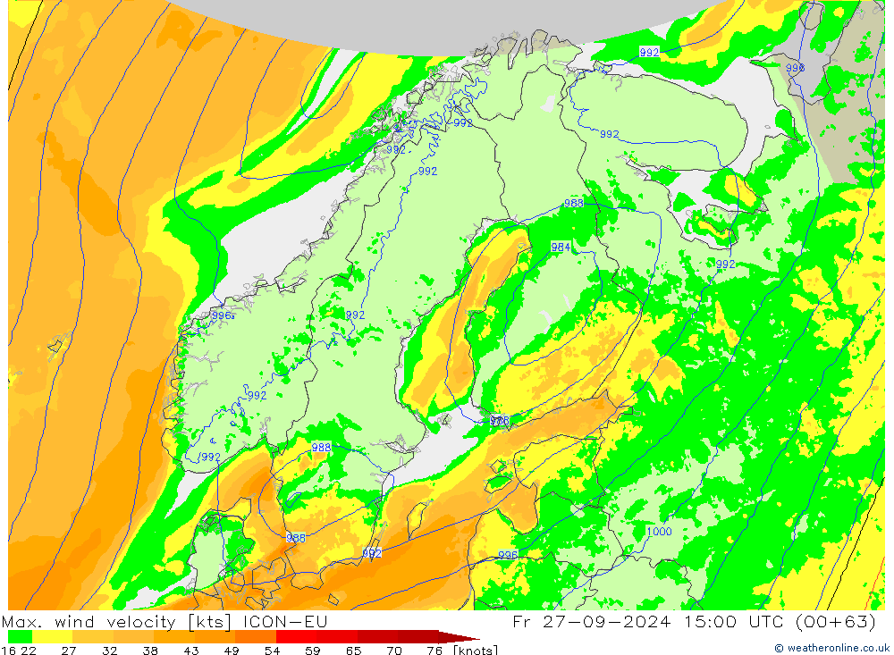 Max. wind velocity ICON-EU пт 27.09.2024 15 UTC