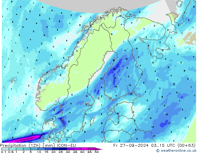 Totale neerslag (12h) ICON-EU vr 27.09.2024 15 UTC