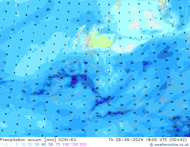 Precipitation accum. ICON-EU gio 26.09.2024 18 UTC