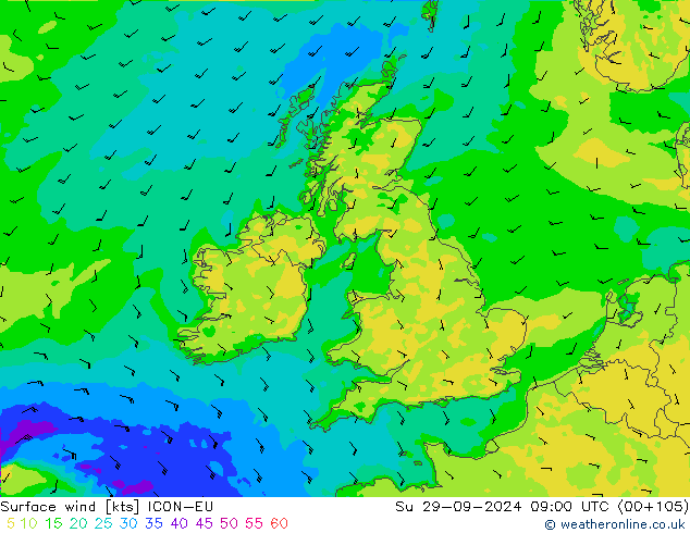 Surface wind ICON-EU Su 29.09.2024 09 UTC