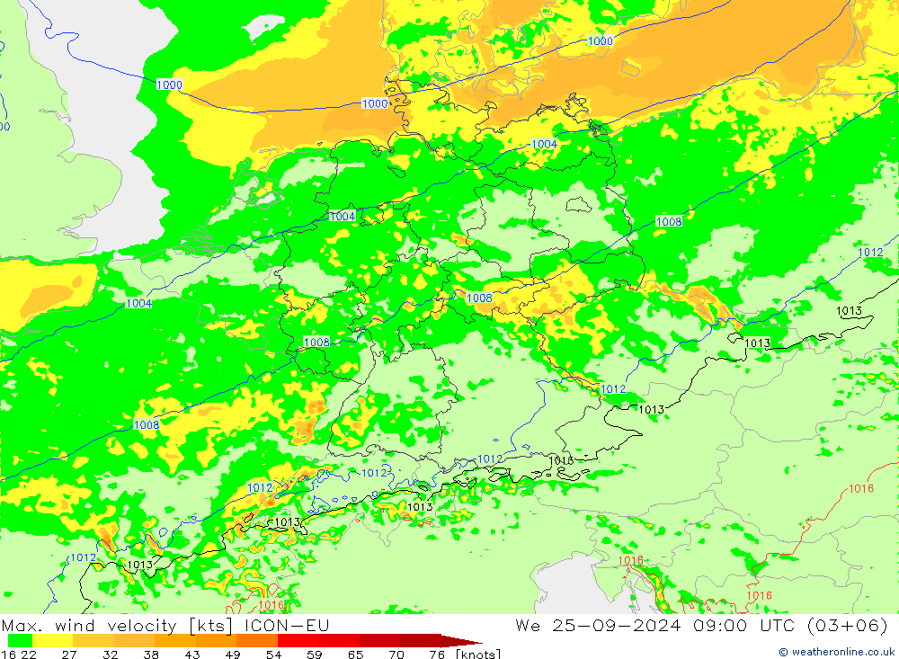 Max. wind velocity ICON-EU St 25.09.2024 09 UTC