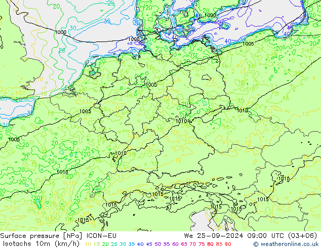 Izotacha (km/godz) ICON-EU śro. 25.09.2024 09 UTC