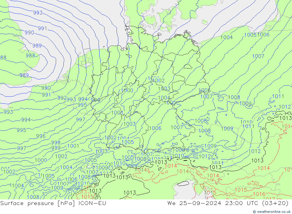 pressão do solo ICON-EU Qua 25.09.2024 23 UTC