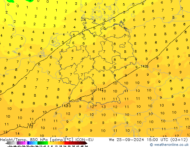 Height/Temp. 850 гПа ICON-EU ср 25.09.2024 15 UTC