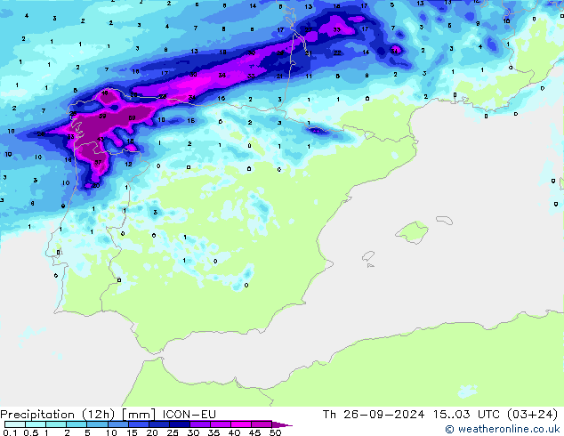 Precipitation (12h) ICON-EU Čt 26.09.2024 03 UTC