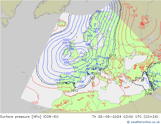 Surface pressure ICON-EU Th 26.09.2024 03 UTC