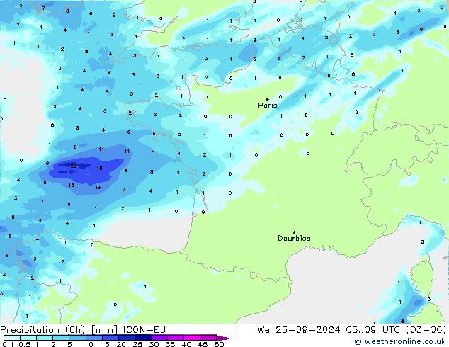 Precipitação (6h) ICON-EU Qua 25.09.2024 09 UTC