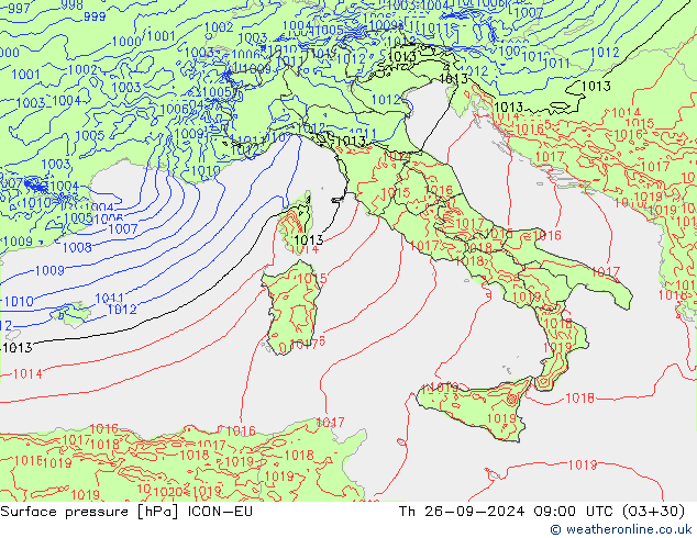 Surface pressure ICON-EU Th 26.09.2024 09 UTC