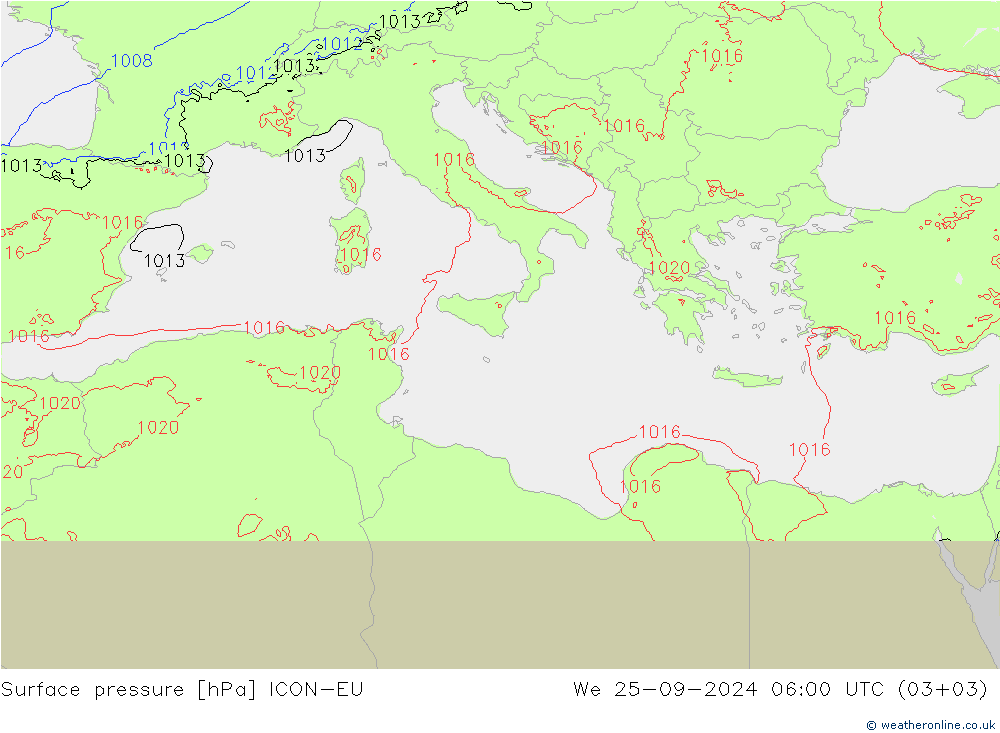 pressão do solo ICON-EU Qua 25.09.2024 06 UTC