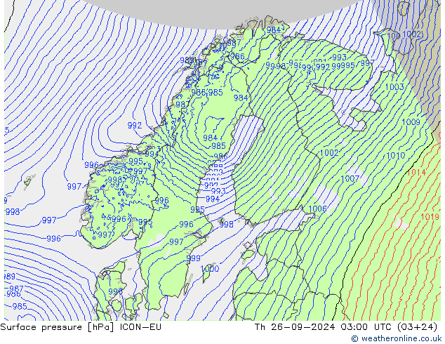 Surface pressure ICON-EU Th 26.09.2024 03 UTC