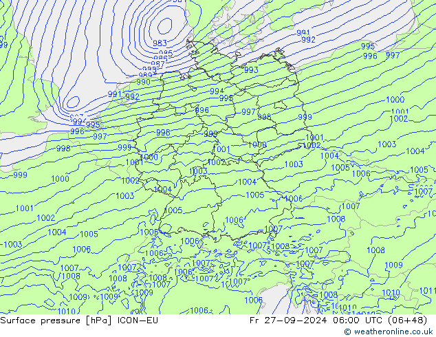 Surface pressure ICON-EU Fr 27.09.2024 06 UTC