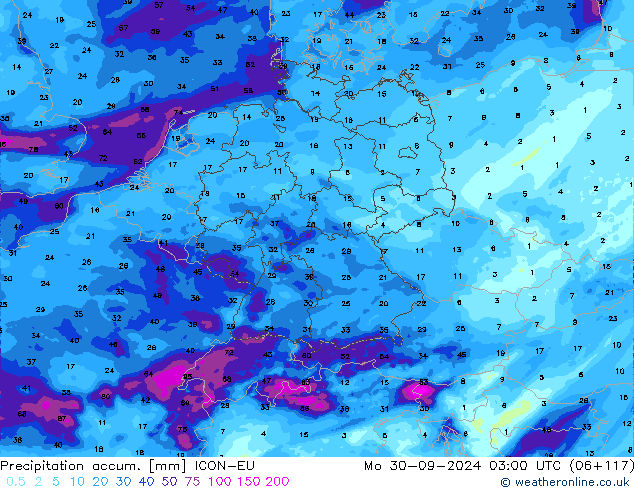 Precipitation accum. ICON-EU Po 30.09.2024 03 UTC