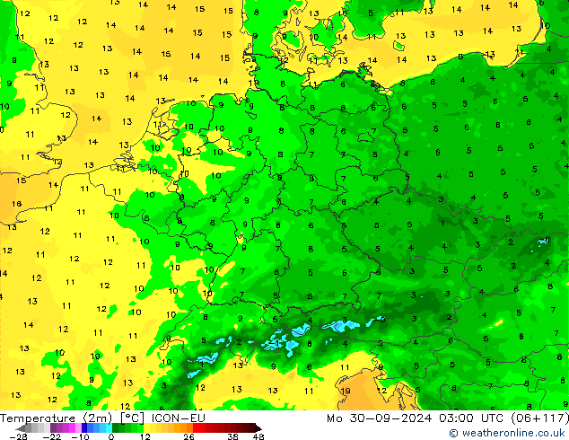 Temperatura (2m) ICON-EU lun 30.09.2024 03 UTC