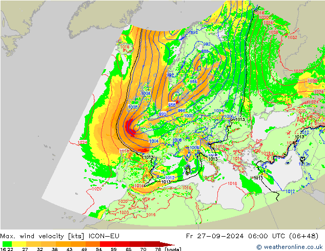 Max. wind snelheid ICON-EU vr 27.09.2024 06 UTC