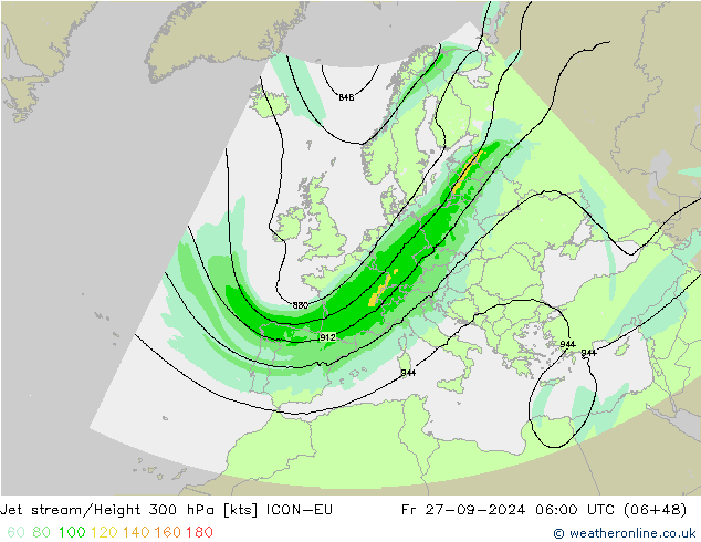 Jet stream/Height 300 hPa ICON-EU Fr 27.09.2024 06 UTC