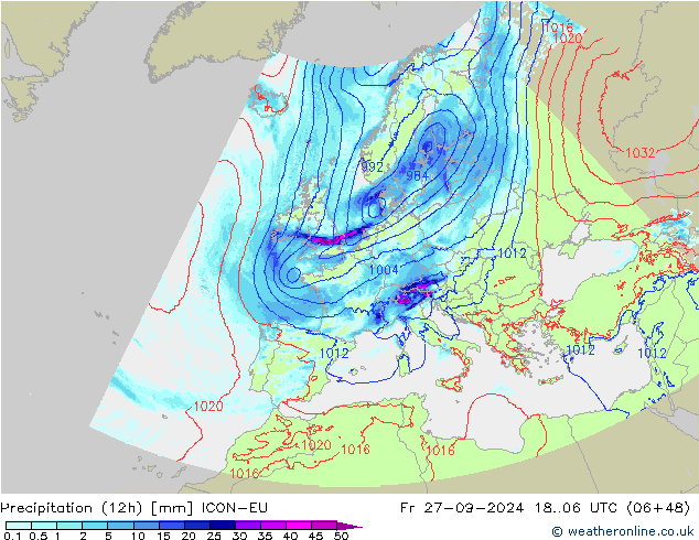 Precipitazione (12h) ICON-EU ven 27.09.2024 06 UTC