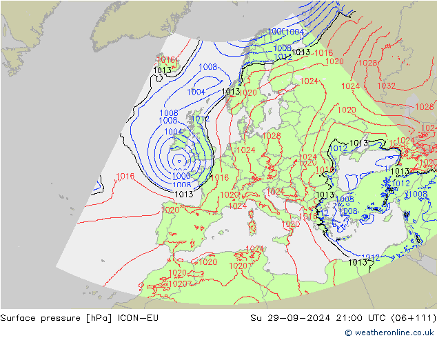 Surface pressure ICON-EU Su 29.09.2024 21 UTC