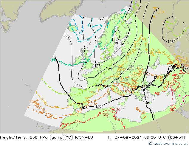 Hoogte/Temp. 850 hPa ICON-EU vr 27.09.2024 09 UTC