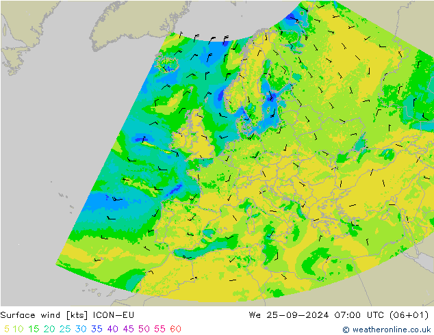 Surface wind ICON-EU We 25.09.2024 07 UTC