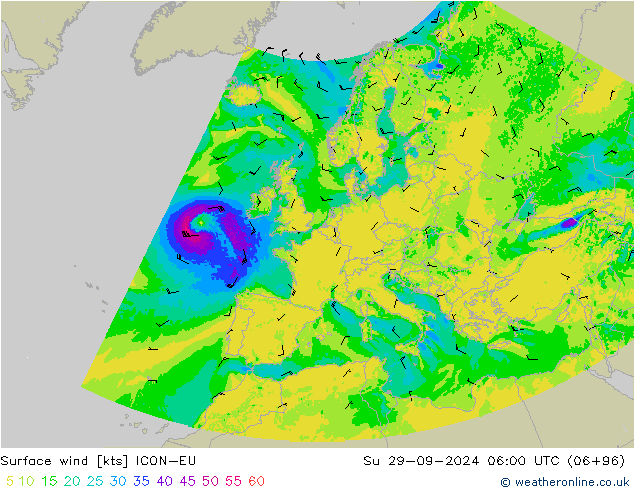 Surface wind ICON-EU Su 29.09.2024 06 UTC