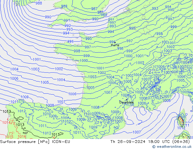 Pressione al suolo ICON-EU gio 26.09.2024 18 UTC