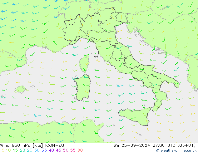 Rüzgar 850 hPa ICON-EU Çar 25.09.2024 07 UTC