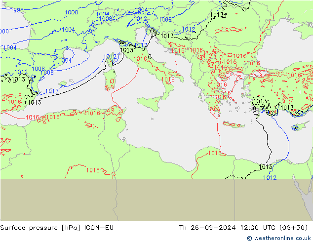 Atmosférický tlak ICON-EU Čt 26.09.2024 12 UTC