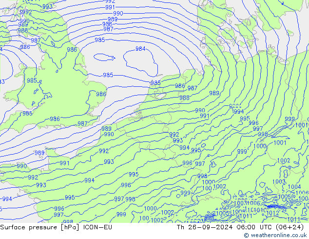 Surface pressure ICON-EU Th 26.09.2024 06 UTC