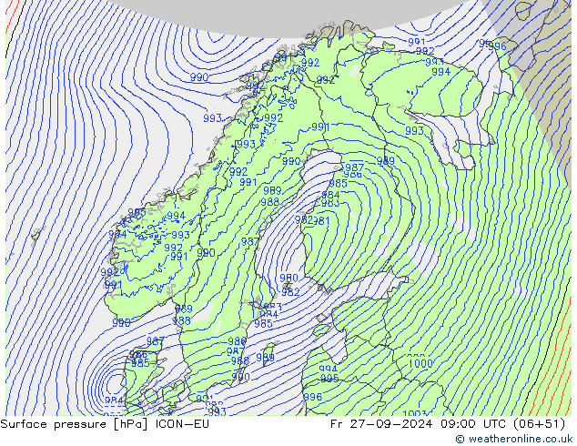 Surface pressure ICON-EU Fr 27.09.2024 09 UTC