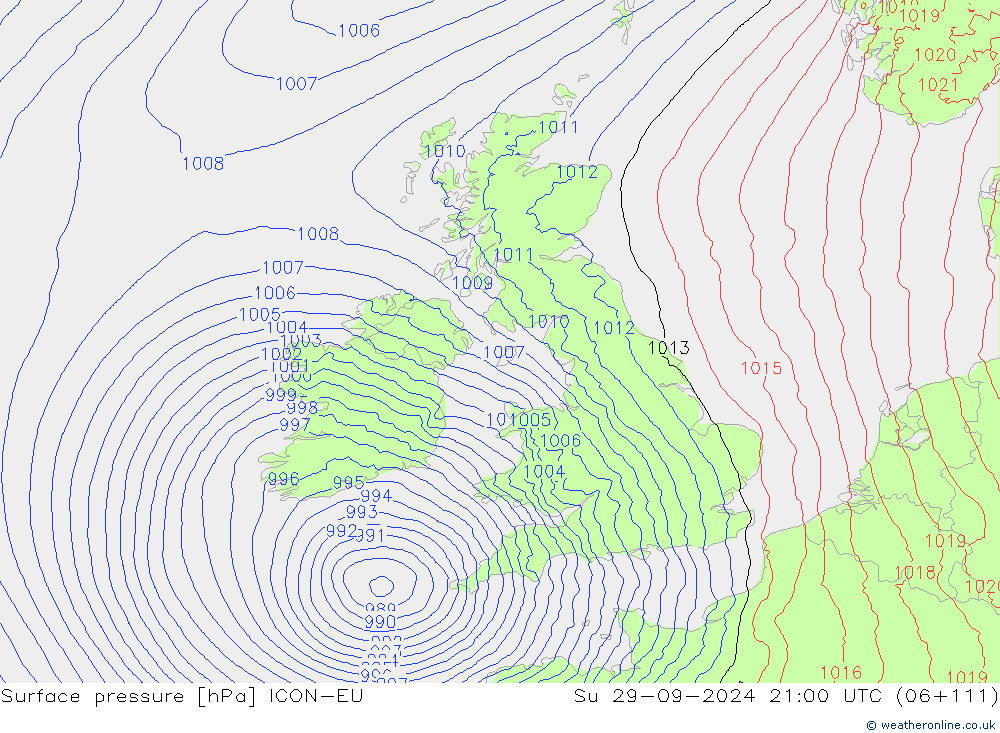 Surface pressure ICON-EU Su 29.09.2024 21 UTC