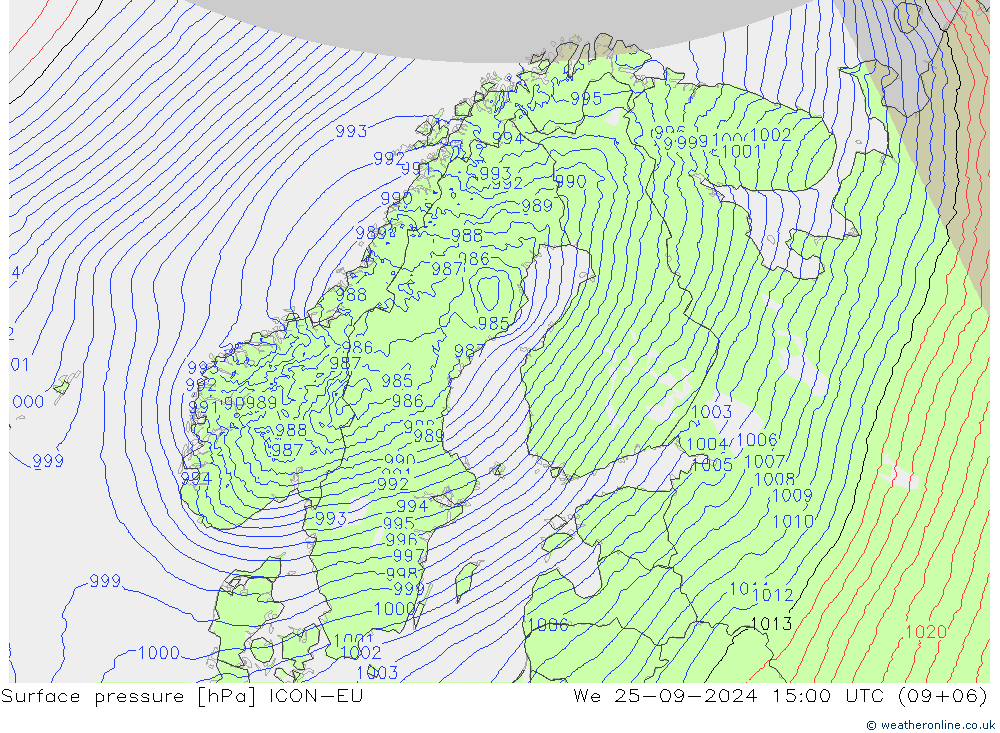 Surface pressure ICON-EU We 25.09.2024 15 UTC