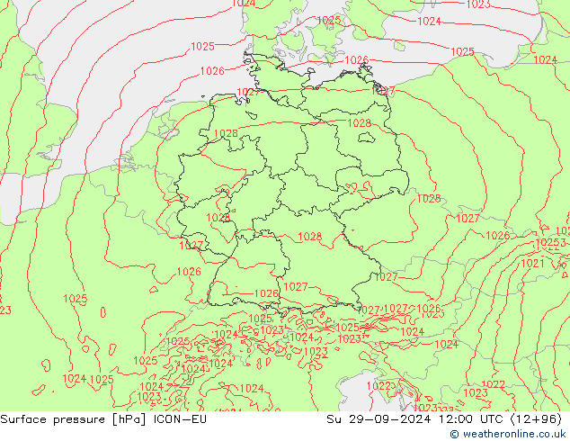 Surface pressure ICON-EU Su 29.09.2024 12 UTC