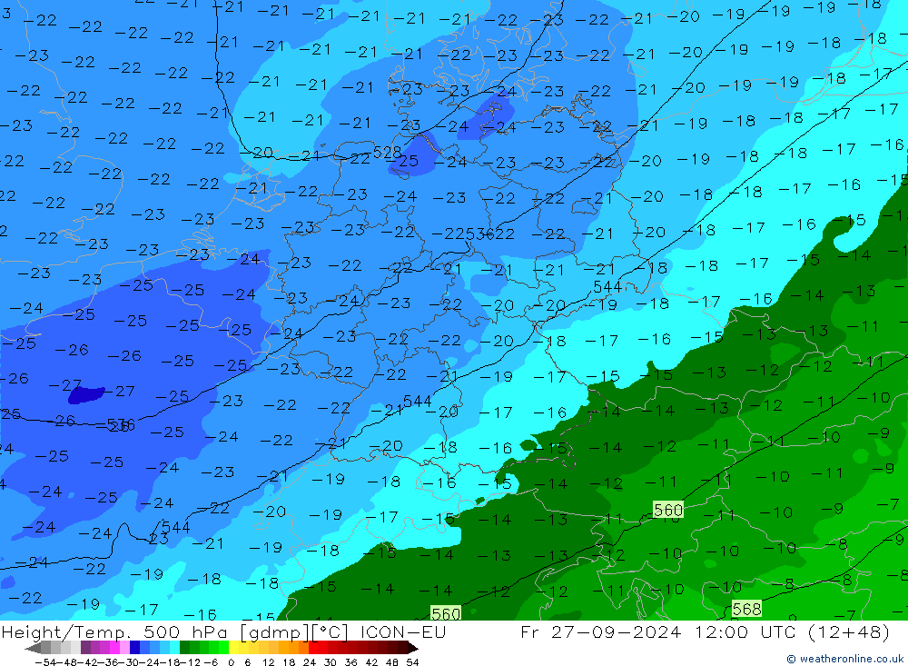 Height/Temp. 500 hPa ICON-EU Fr 27.09.2024 12 UTC