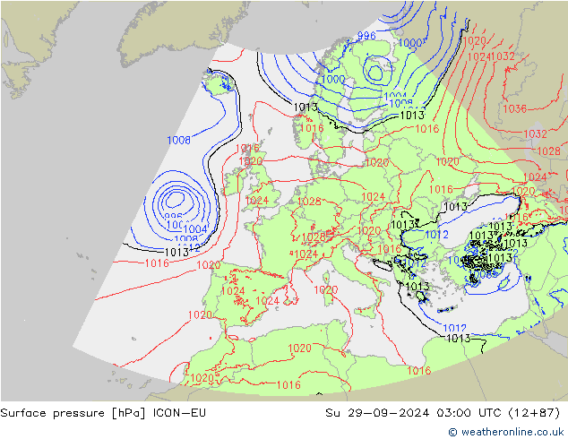 Surface pressure ICON-EU Su 29.09.2024 03 UTC