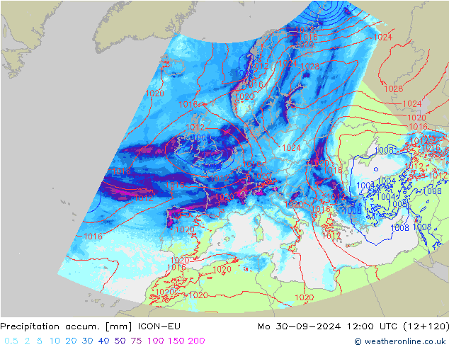 Precipitation accum. ICON-EU Po 30.09.2024 12 UTC