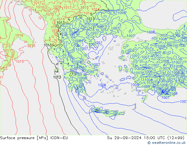 Surface pressure ICON-EU Su 29.09.2024 15 UTC