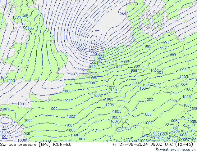 Surface pressure ICON-EU Fr 27.09.2024 09 UTC