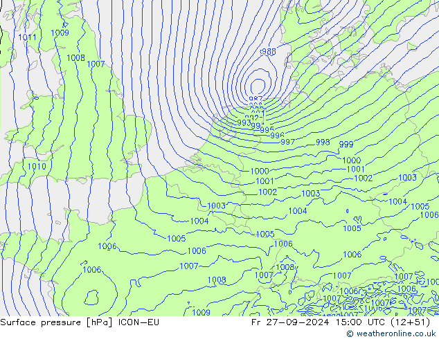 Surface pressure ICON-EU Fr 27.09.2024 15 UTC