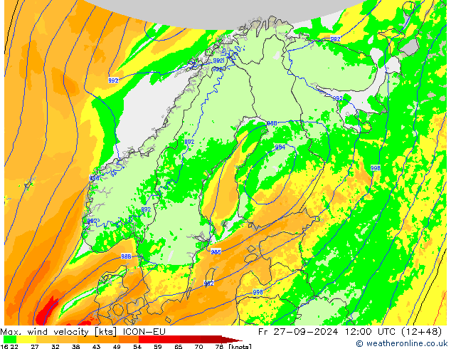 Max. wind velocity ICON-EU Pá 27.09.2024 12 UTC