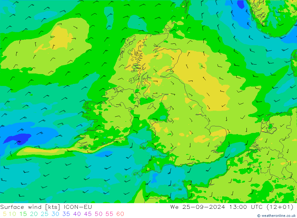 ветер 10 m ICON-EU ср 25.09.2024 13 UTC